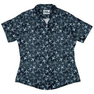 Airplanes Blue Camouflage Blue Curvy Button Up Shirt