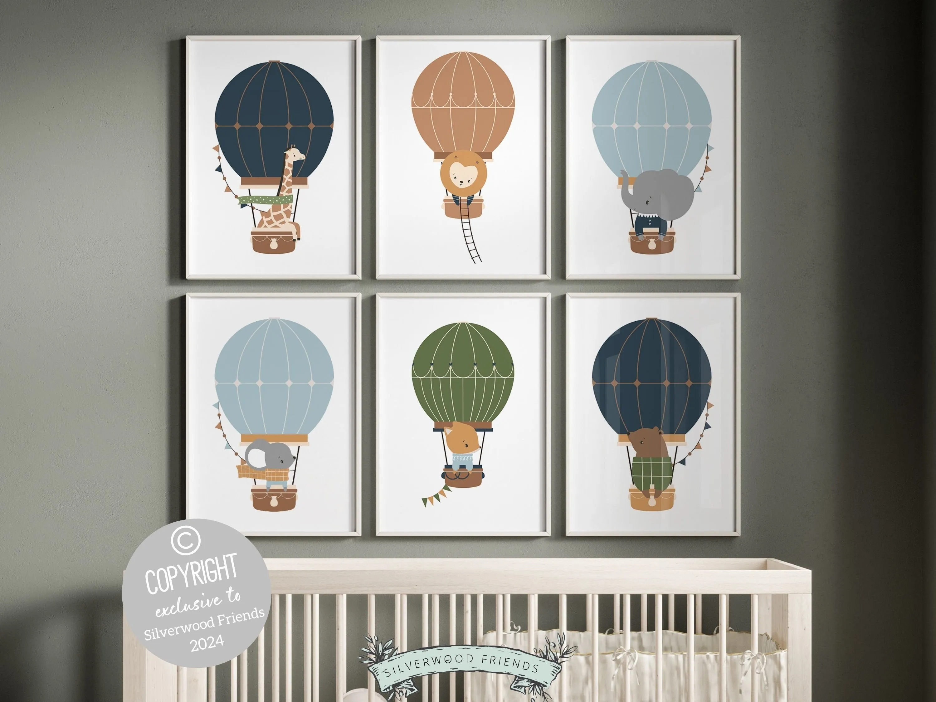 Animals in Balloons Nursery Prints - Set of 6