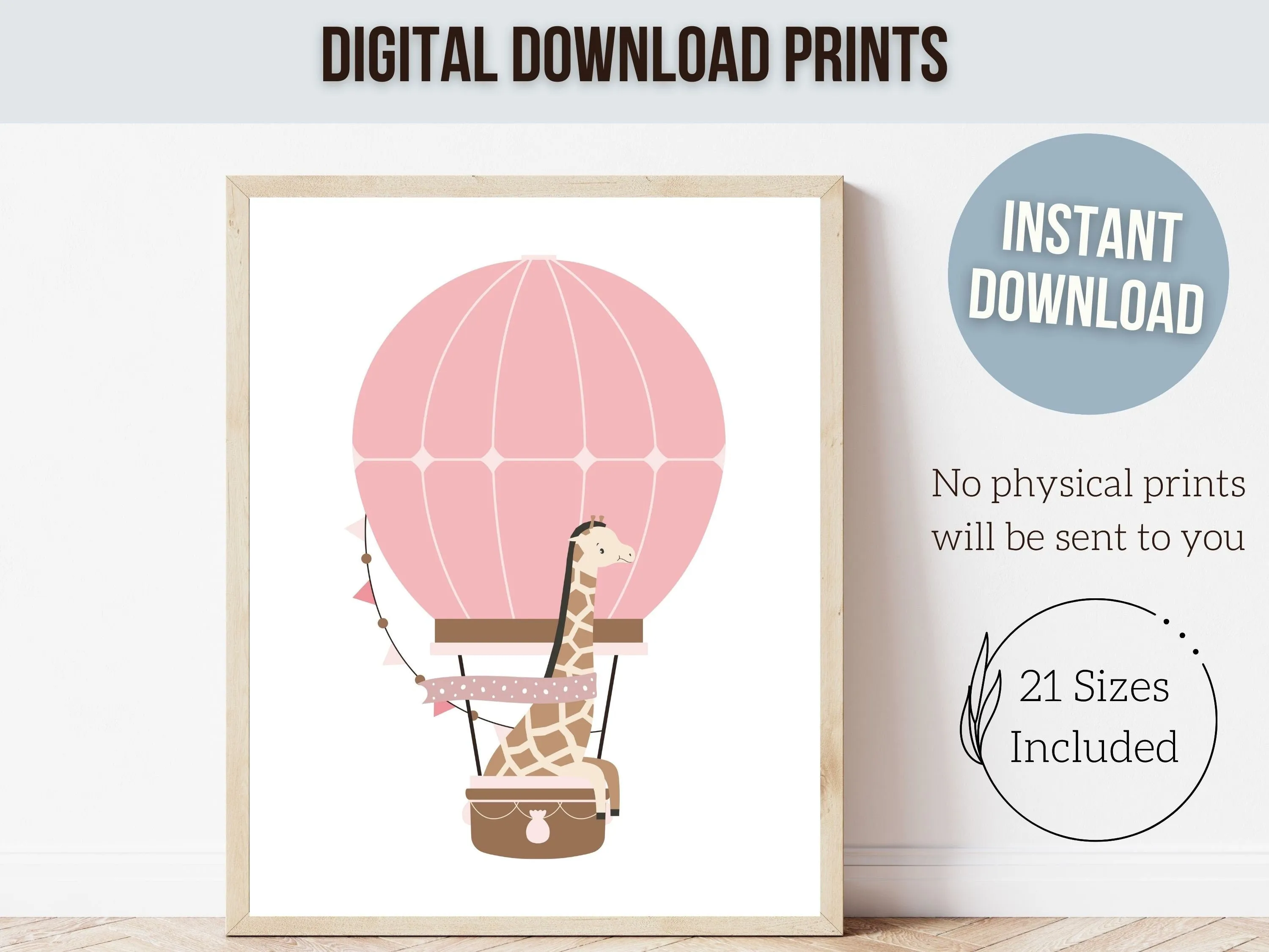 Blush Pink Safari Animal Air Balloon Prints