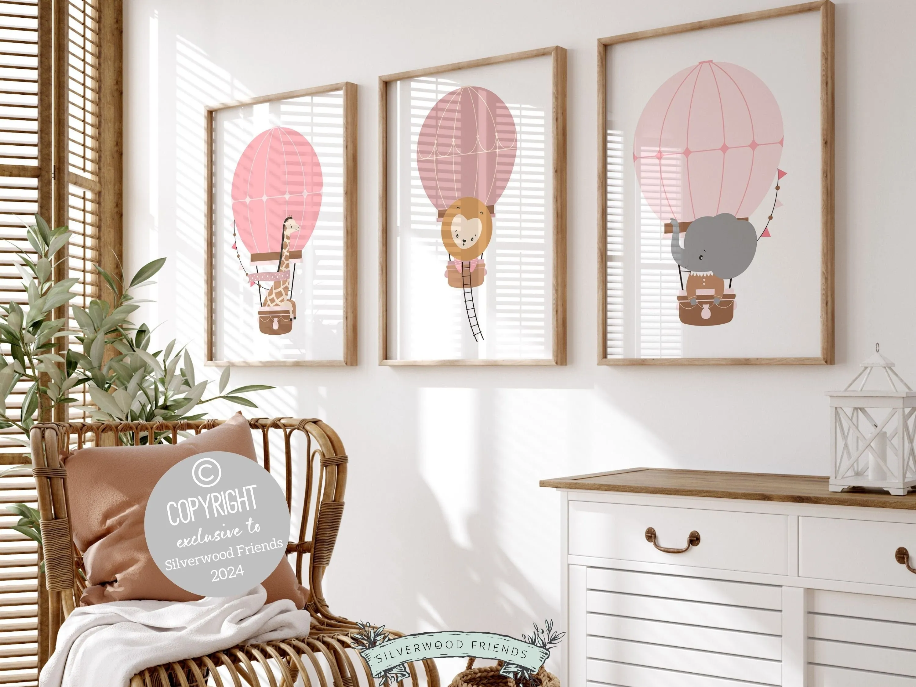 Blush Pink Safari Animal Air Balloon Prints