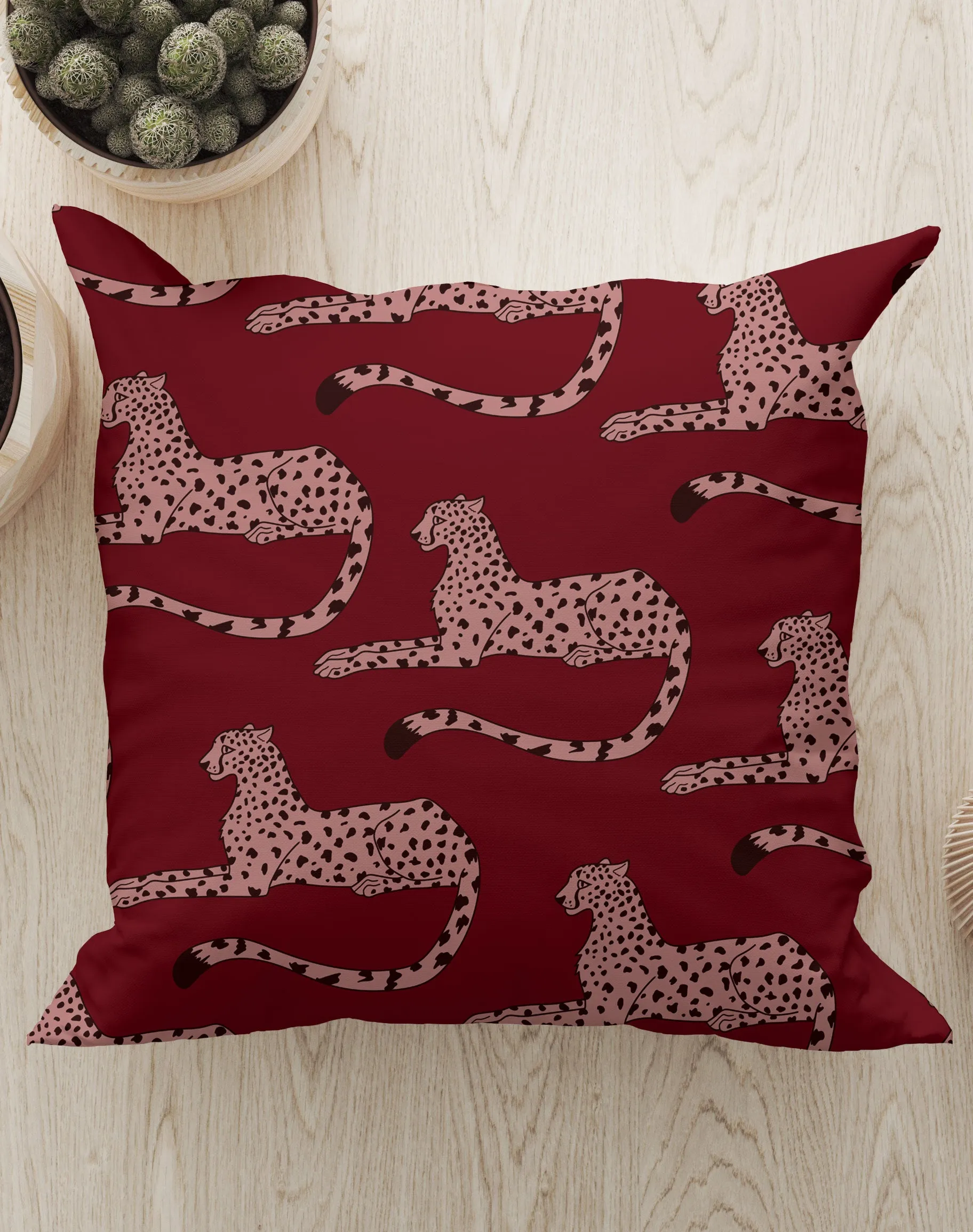 Cheetah Print Square Cushion (Dark Cherry)
