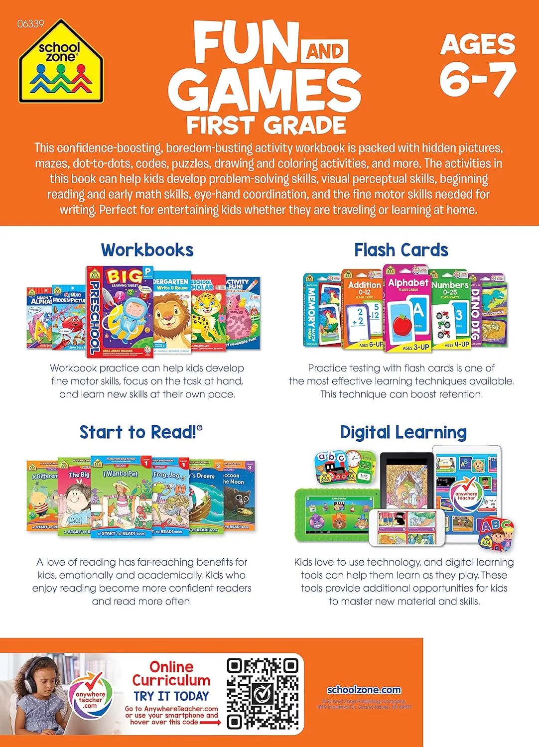 Fun and Games First Grade Activity Workbook - Ages 6 to 8, Hidden Pictures, Mazes, Dot-to-Dots, Coloring, Codes, What's Different, and More