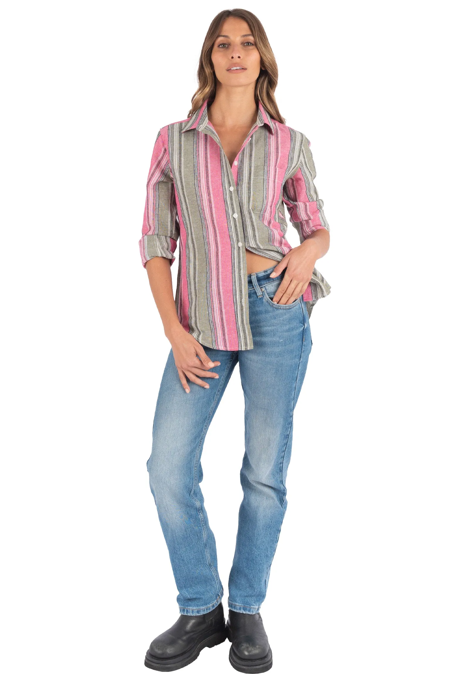 Iris Pink and Green Stripes Classic Fit Linen Shirt