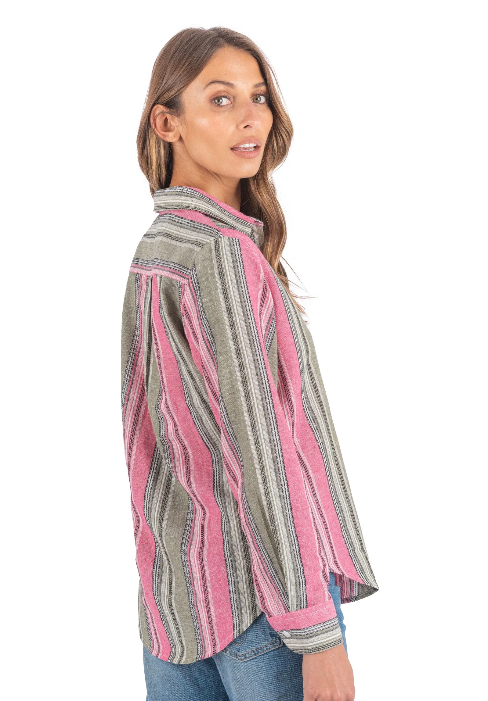 Iris Pink and Green Stripes Classic Fit Linen Shirt
