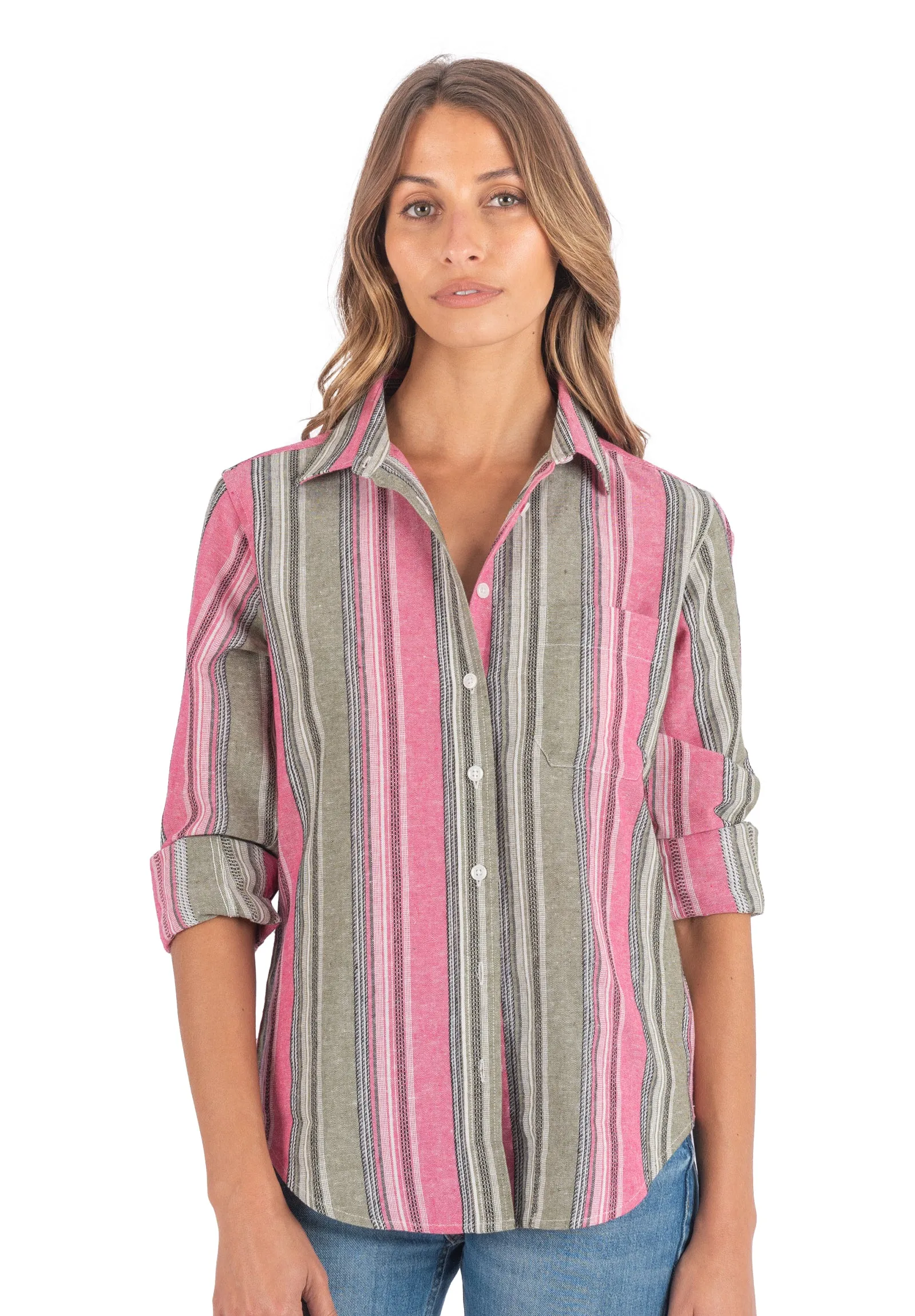 Iris Pink and Green Stripes Classic Fit Linen Shirt