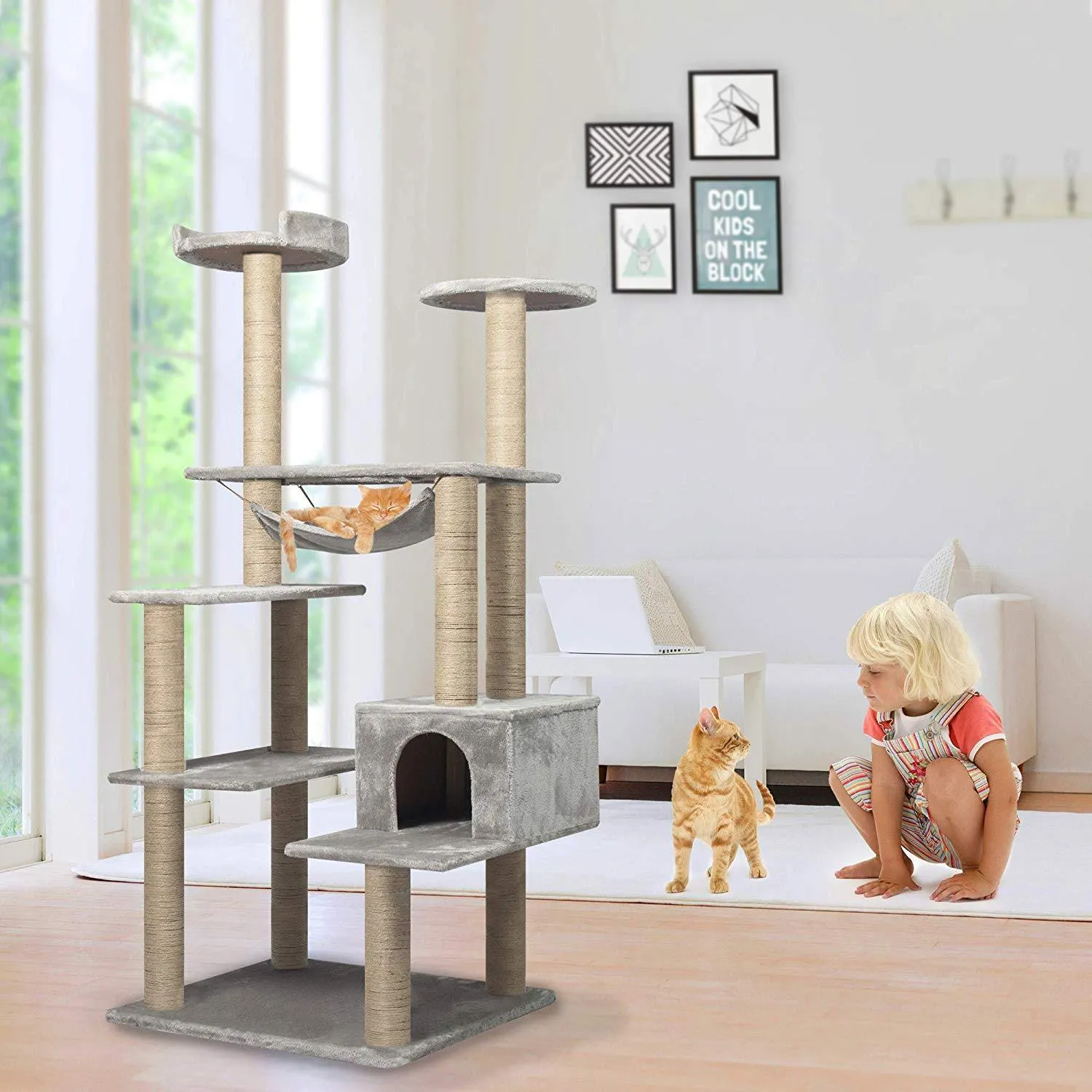 Large Cat Tree Cat Scratching Cat Climber with Condo Cat Tower Furniture and Hammock,Sisal-Covered, 55.1"