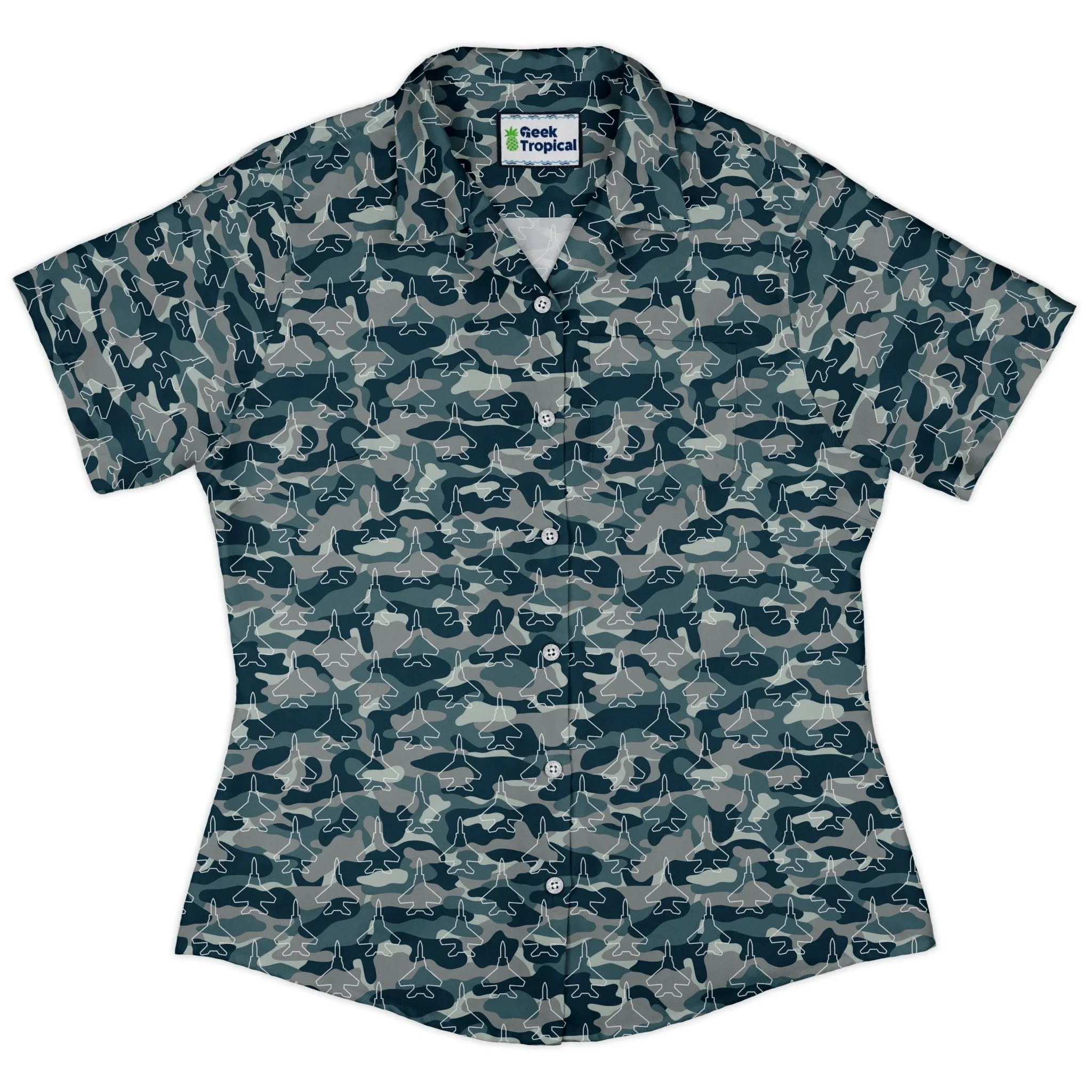 Military Fighter Jet Navy Camo Blue Curvy Button Up Shirt