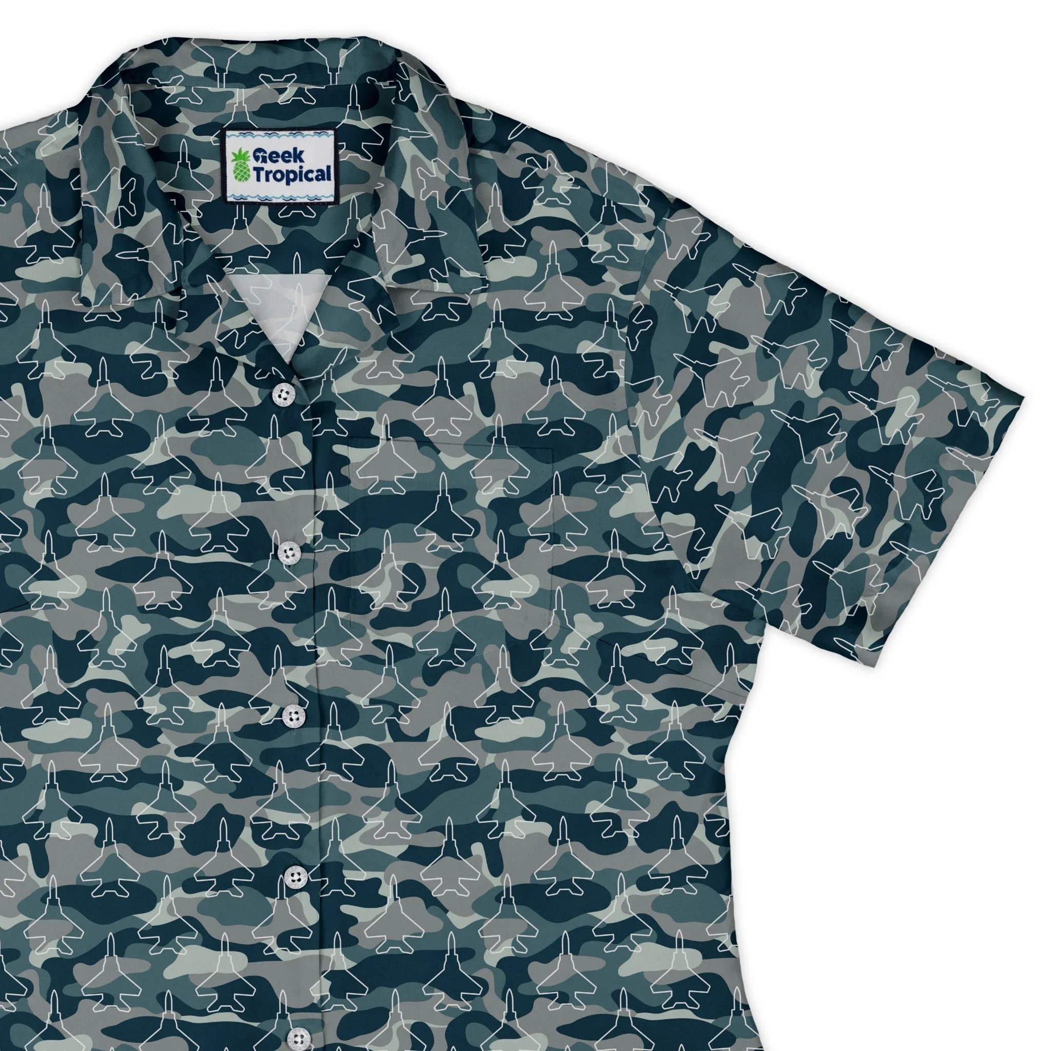 Military Fighter Jet Navy Camo Blue Curvy Button Up Shirt