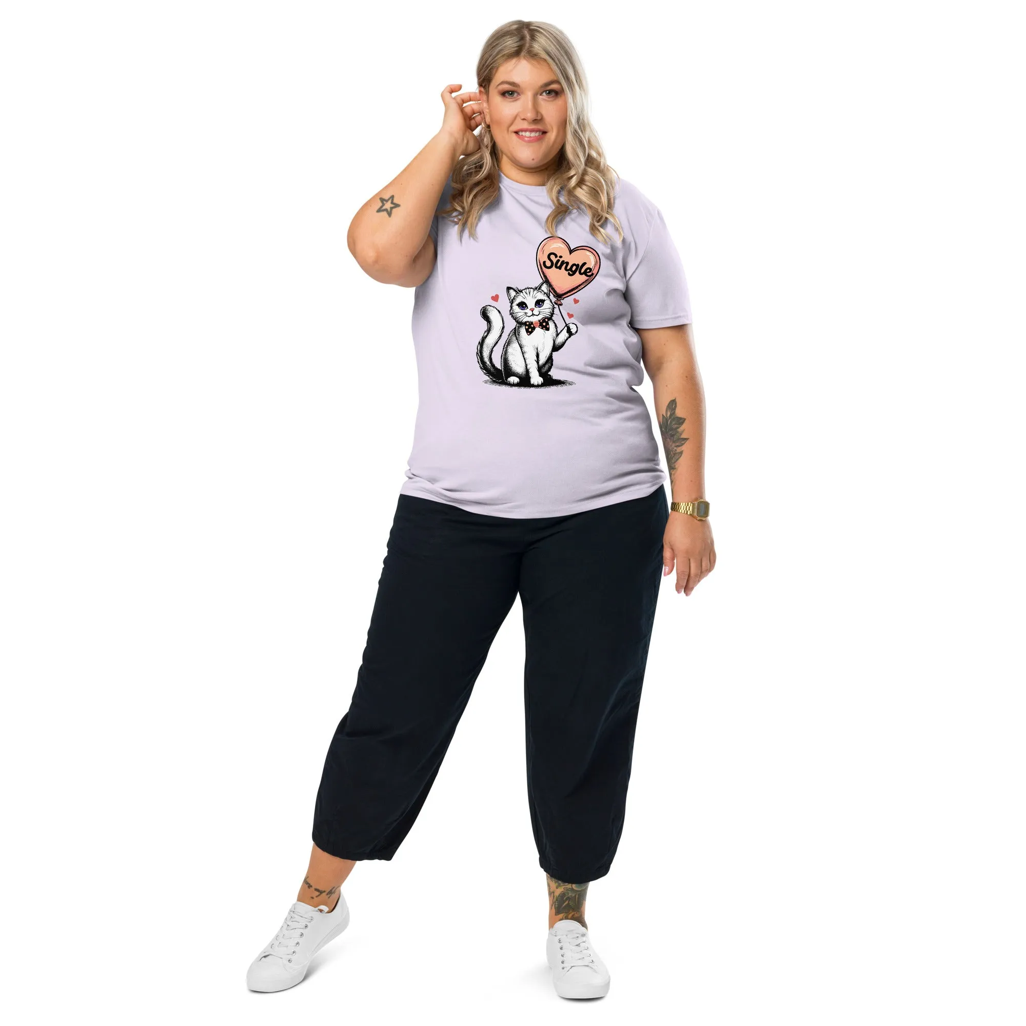Organic Cotton T-Shirt Single Cat Lady with Heart Balloon