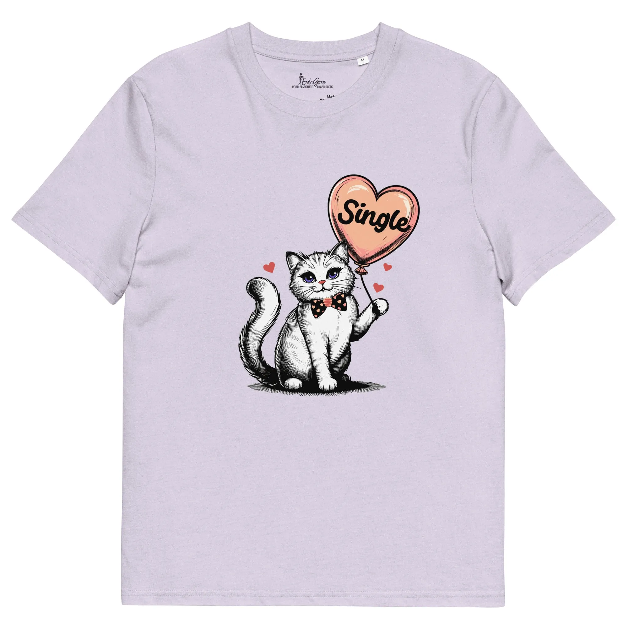 Organic Cotton T-Shirt Single Cat Lady with Heart Balloon
