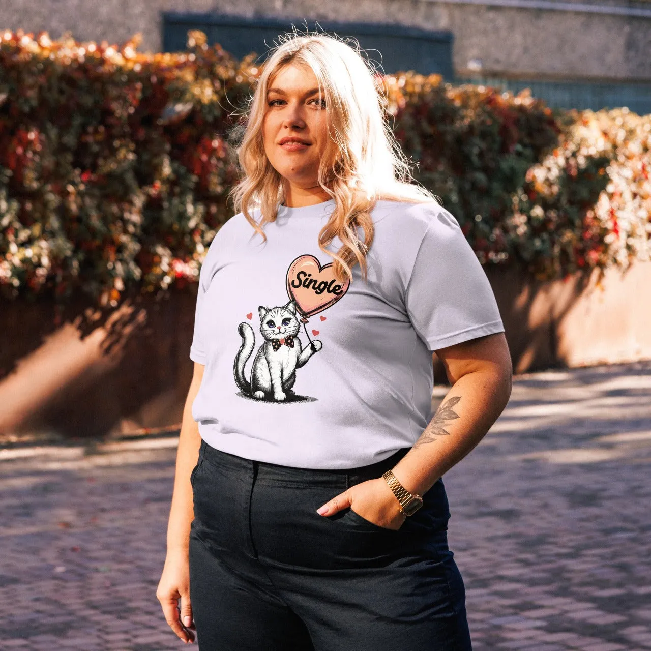 Organic Cotton T-Shirt Single Cat Lady with Heart Balloon