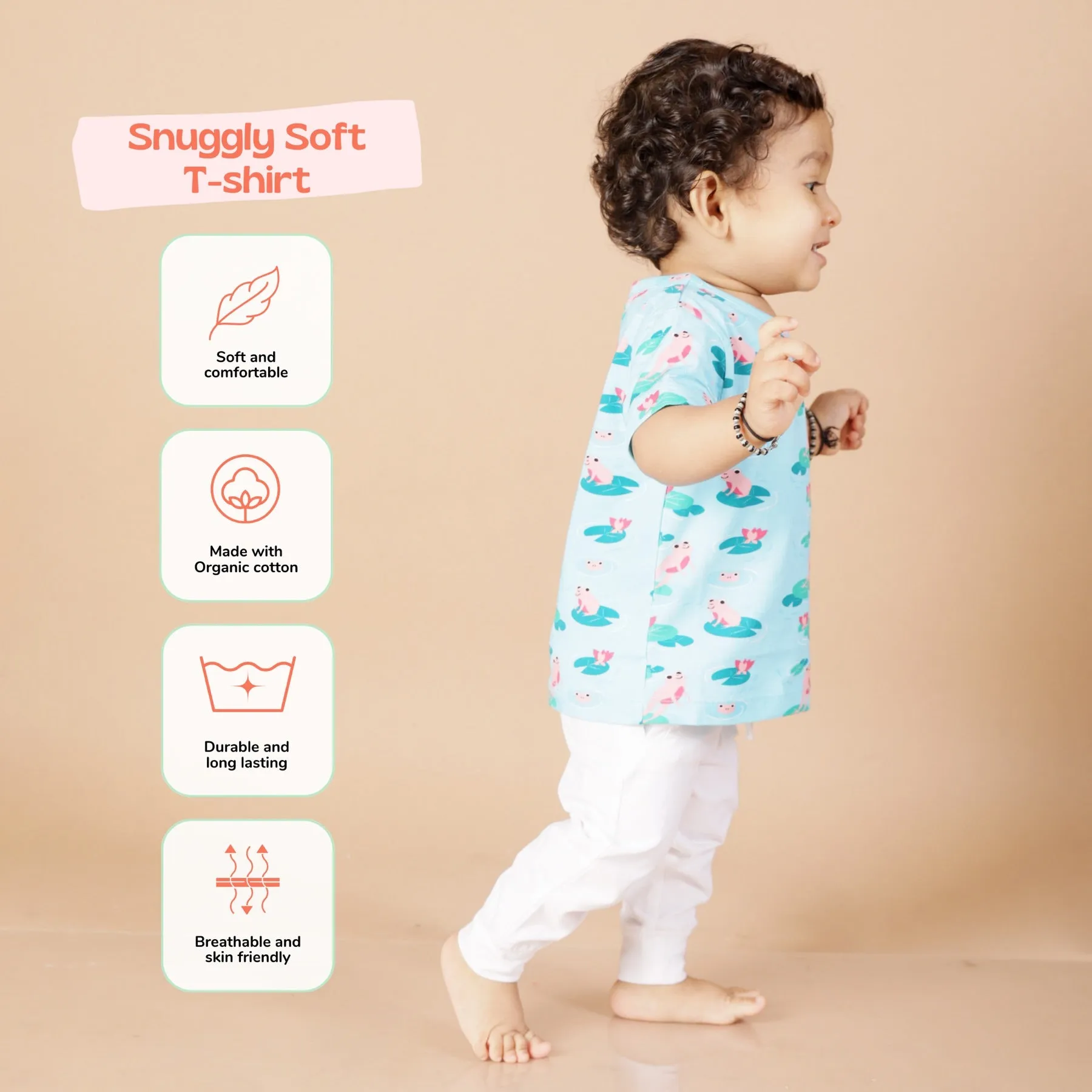 Round Neck Oversize Organic Cotton Tee- Frog & Lotus
